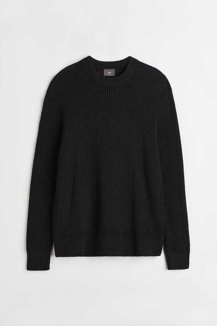 H & M - Regular Fit Waffle-knit Sweater - Black
