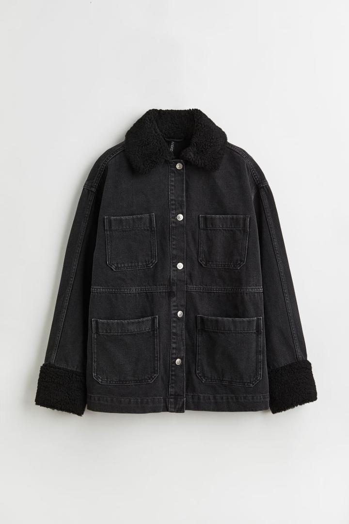 H & M - Borg-collared Denim Jacket - Black