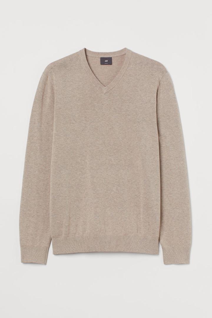 H & M - V-neck Cotton Sweater - Beige