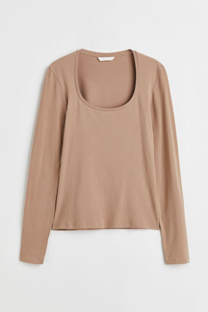 H & M - Long-sleeved Jersey Top - Brown