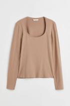 H & M - Long-sleeved Jersey Top - Brown