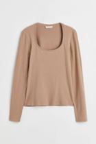 H & M - Long-sleeved Jersey Top - Brown