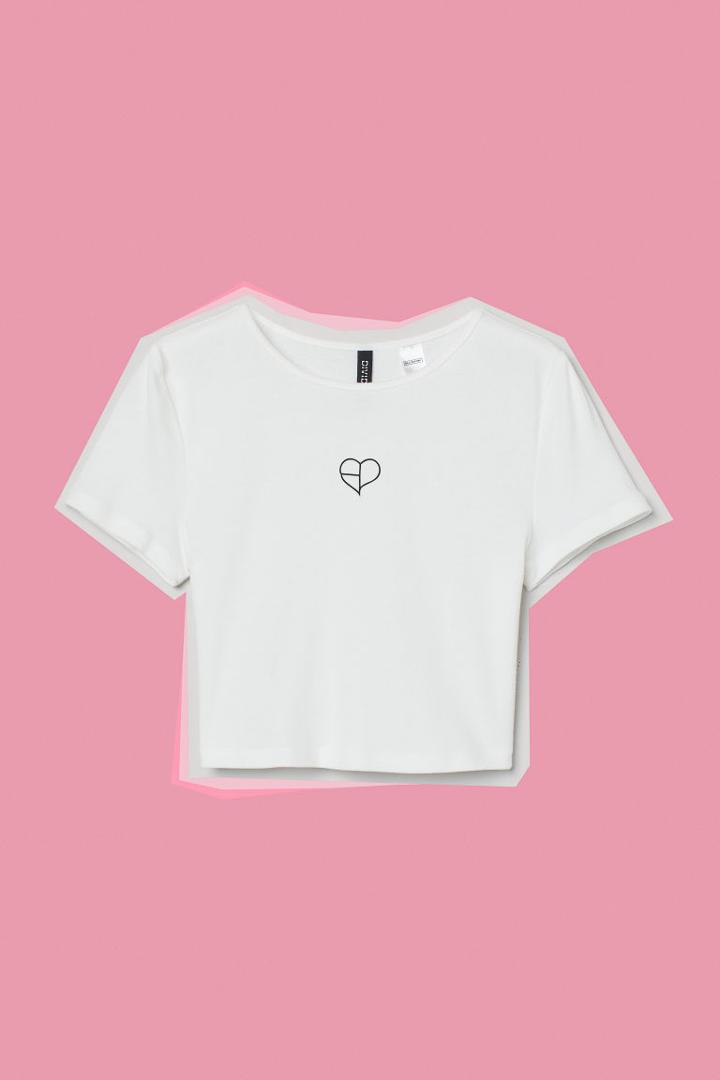 H & M - Printed-motif Crop Top - White