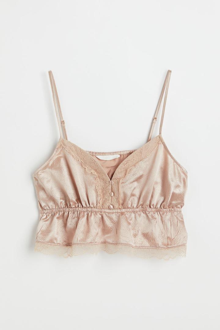 H & M - Lace-trimmed Sleeveless Satin Top - Beige