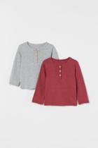 H & M - 2-pack Cotton Henley Shirts - Red