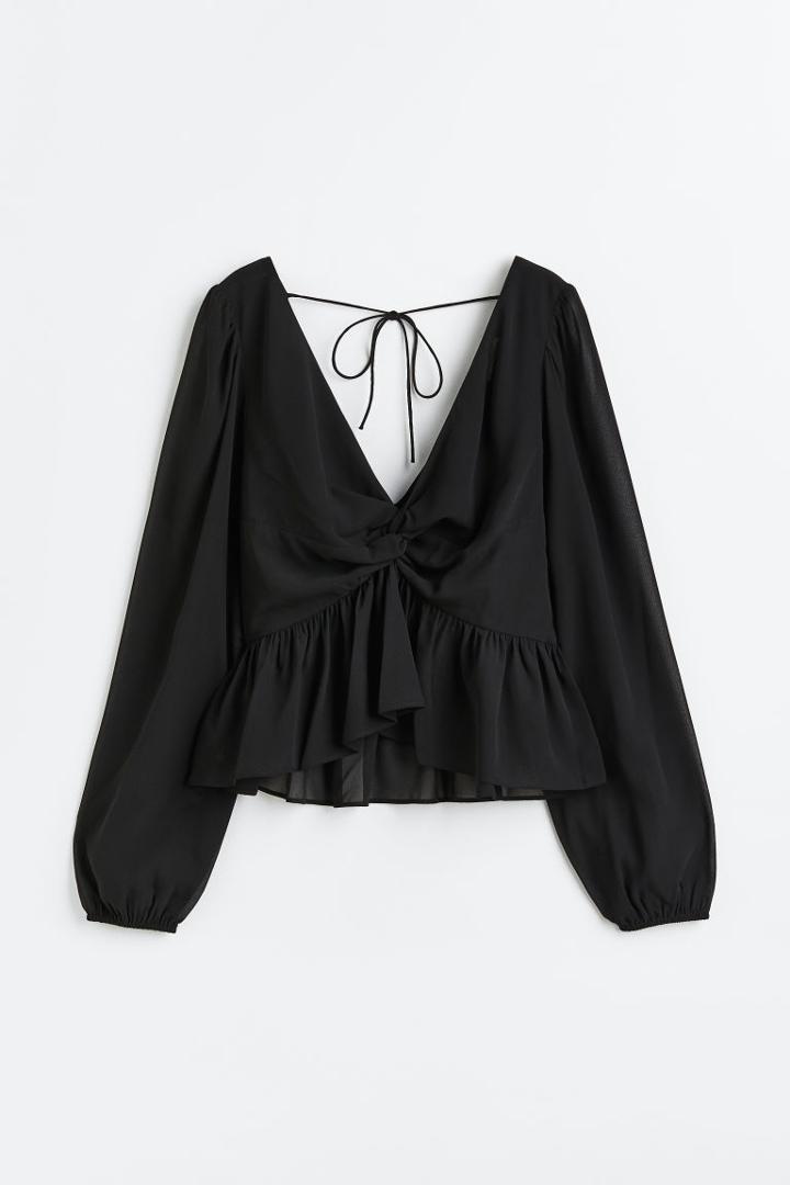 H & M - Balloon-sleeved Peplum Blouse - Black