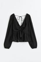 H & M - Balloon-sleeved Peplum Blouse - Black