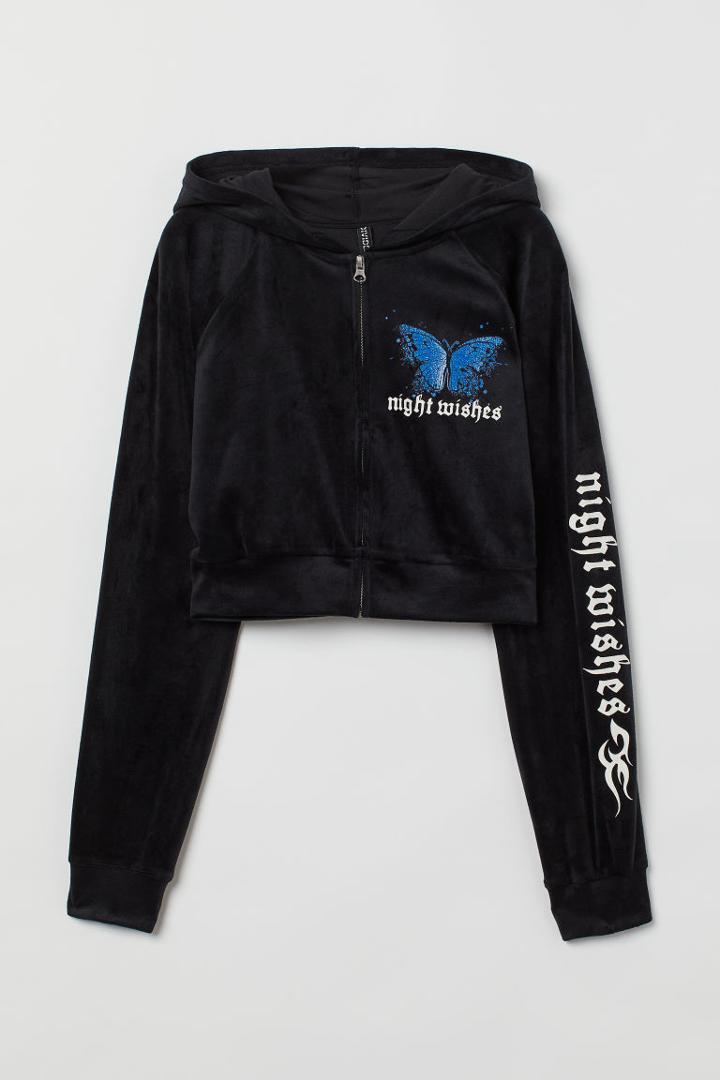 H & M - Velour Hooded Jacket - Black