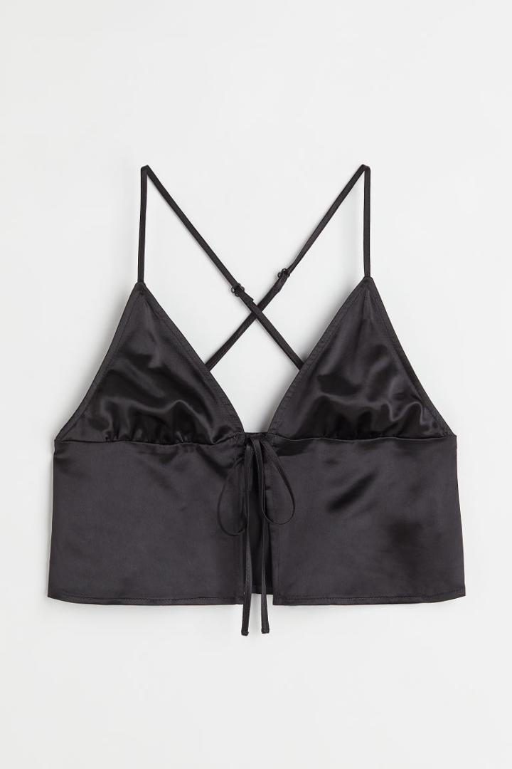 H & M - Tie-detail Satin Top - Black