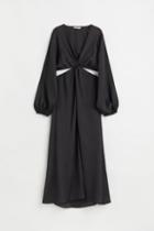 H & M - Balloon-sleeved Cut-out Crped Dress - Black