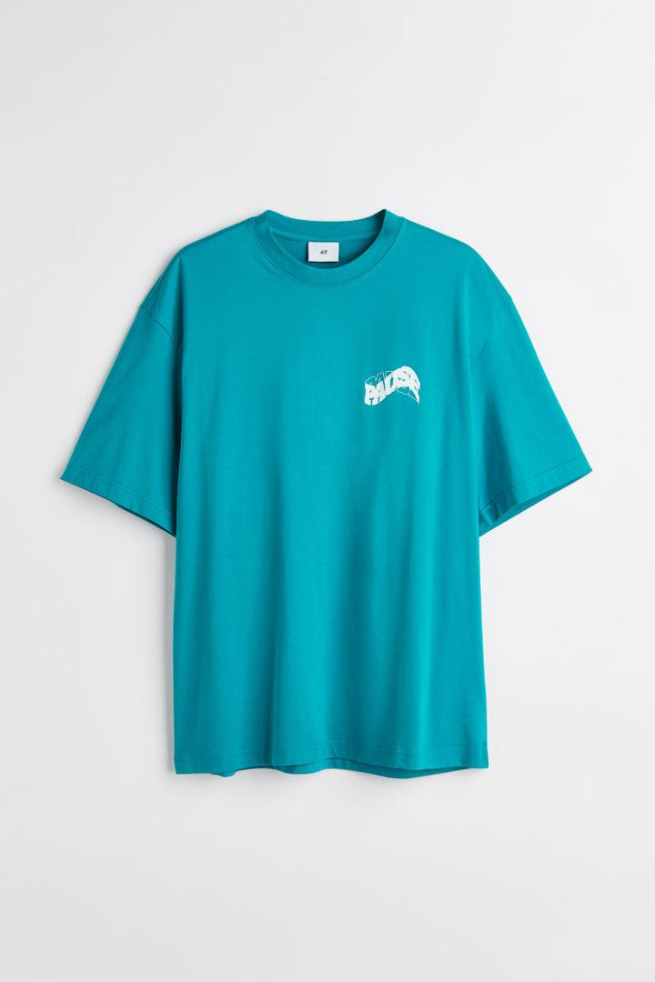 H & M - Relaxed Fit Printed T-shirt - Turquoise