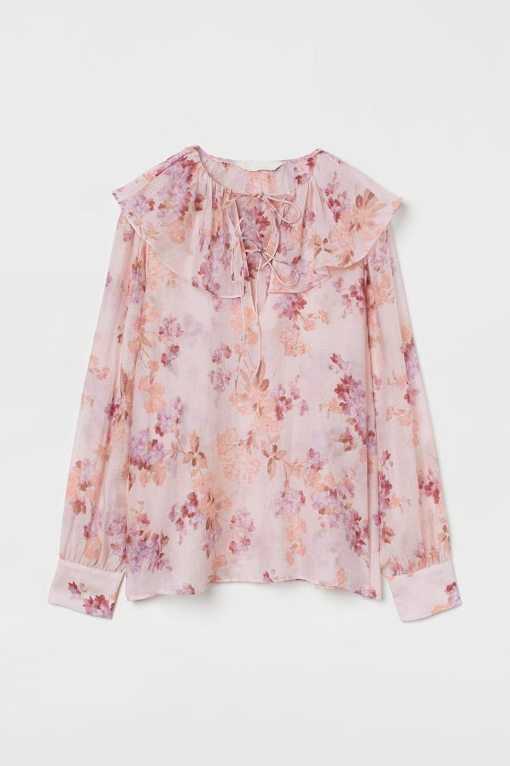 H & M - Flounce-collared Blouse - Pink