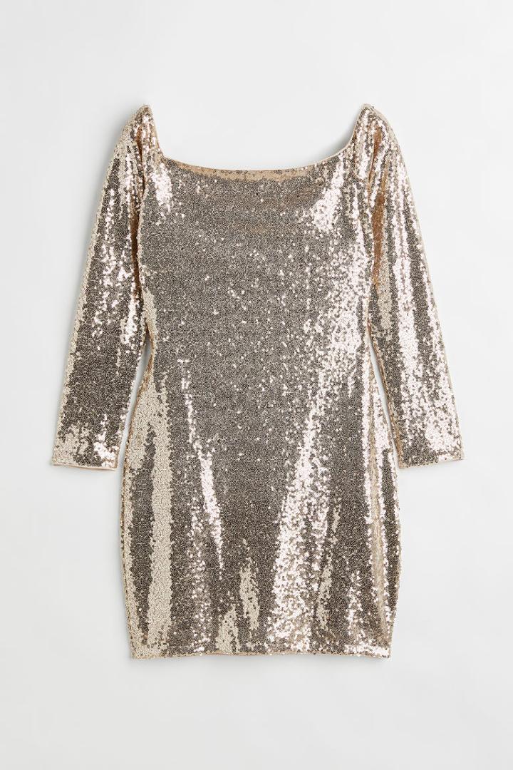 H & M - Sequined Off-the-shoulder Dress - Beige