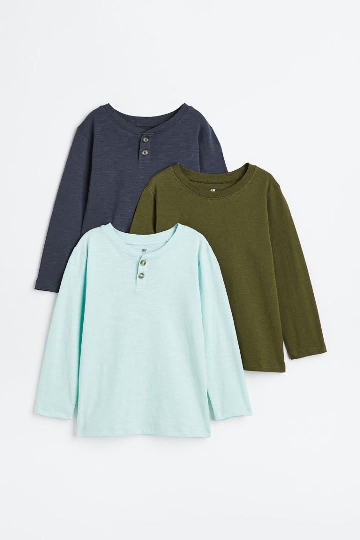 H & M - 3-pack Long-sleeved Shirts - Turquoise