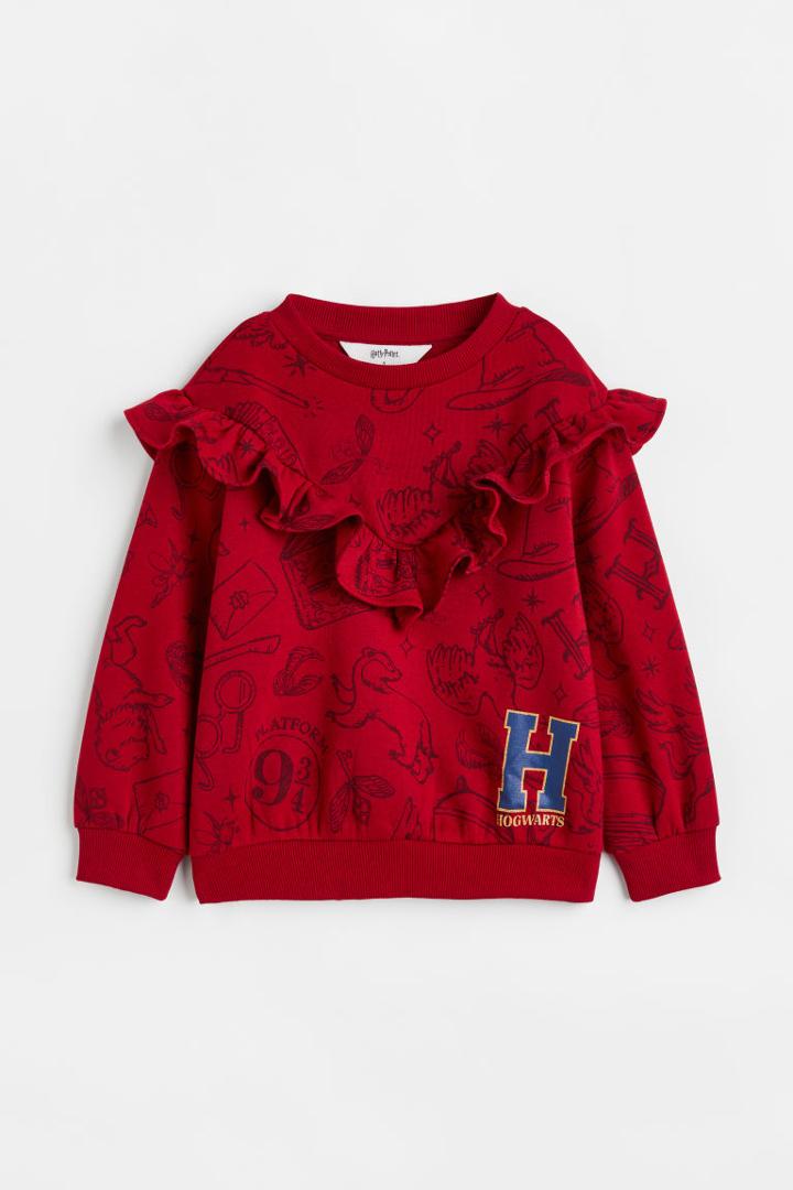 H & M - Flounce-trimmed Sweatshirt - Red