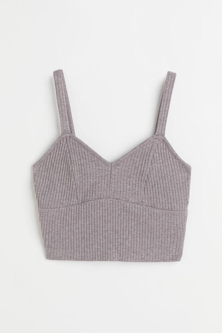 H & M - Ribbed Modal-blend Crop Top - Gray