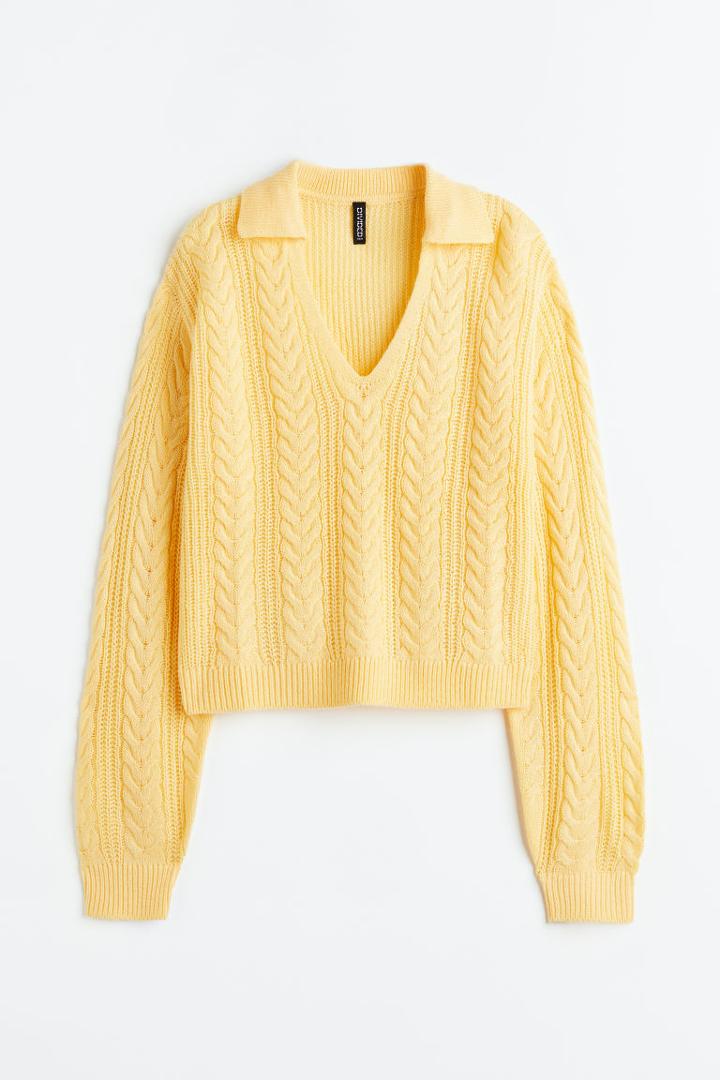 H & M - Collared Cable-knit Sweater - Beige