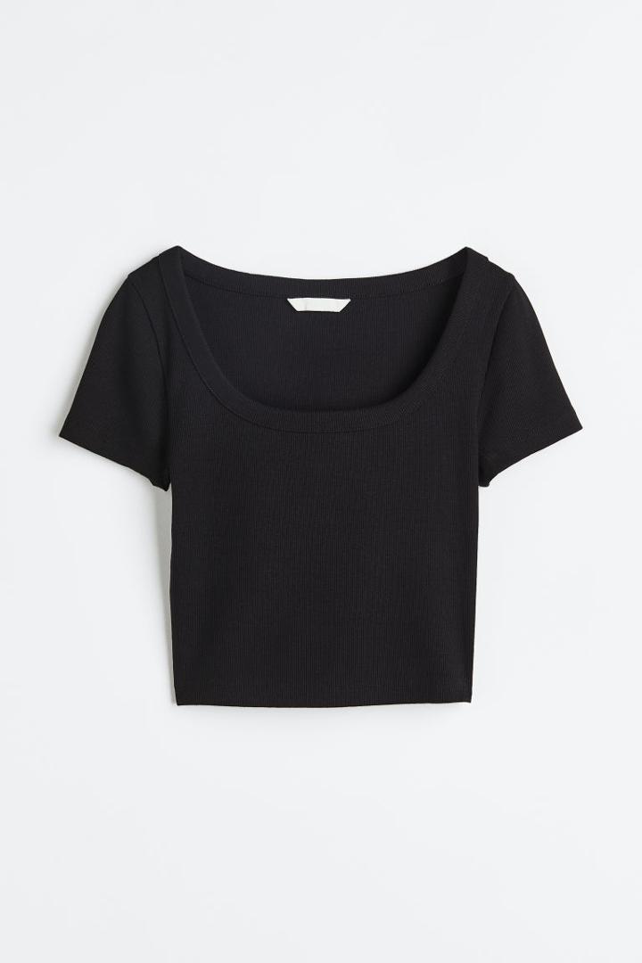 H & M - Ribbed Cotton Top - Black