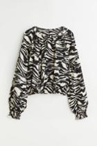 H & M - Patterned Balloon-sleeved Blouse - Black