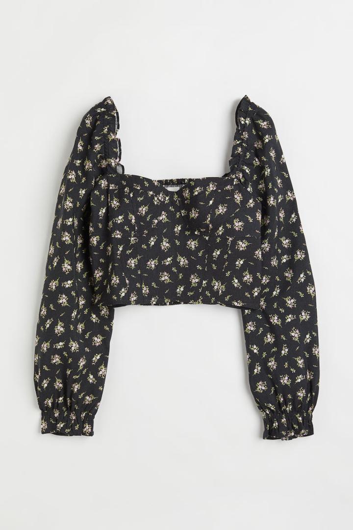 H & M - Floral Linen-blend Blouse - Gray
