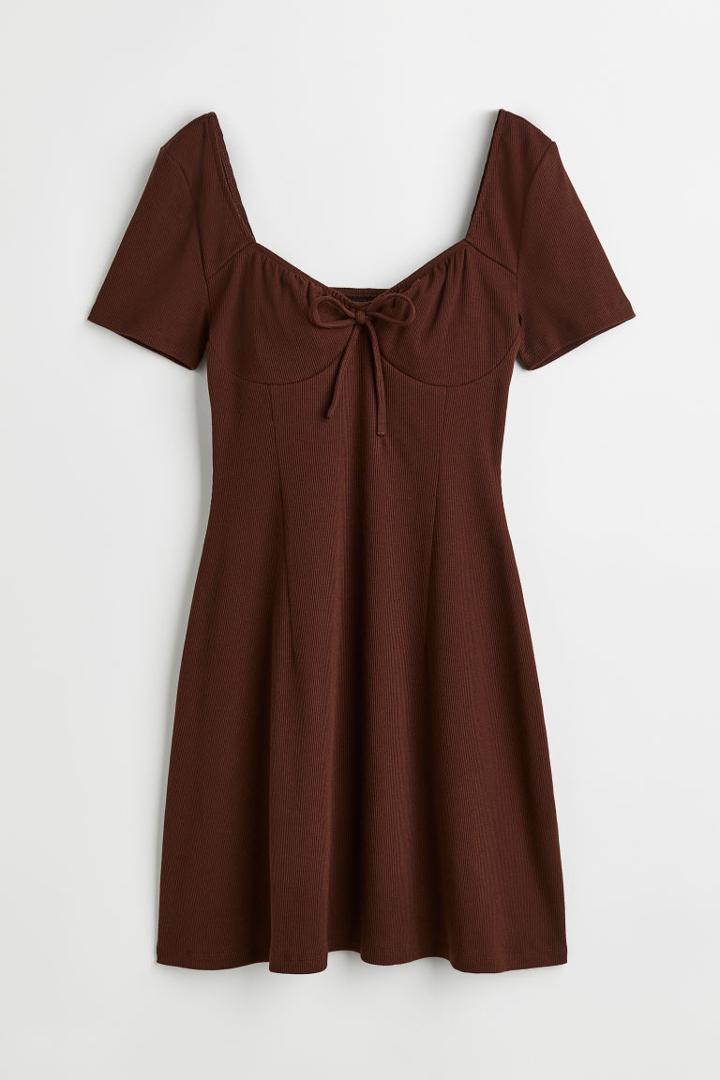 H & M - Tie-detail Ribbed Dress - Brown