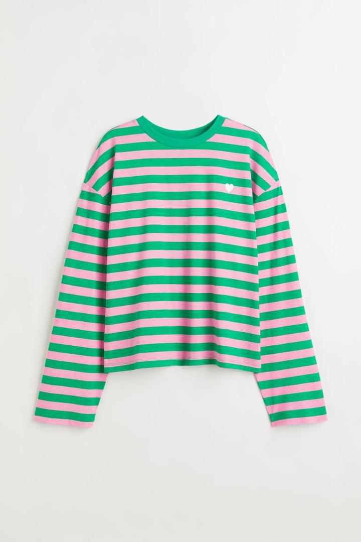 H & M - Long-sleeved Printed Top - Green