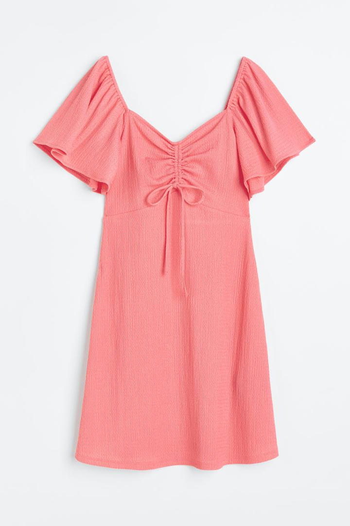 H & M - Crinkled Drawstring-detail Dress - Pink