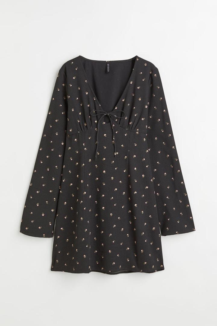 H & M - Patterned Tie-detail Dress - Gray
