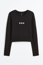H & M - Embroidered Ribbed Top - Black