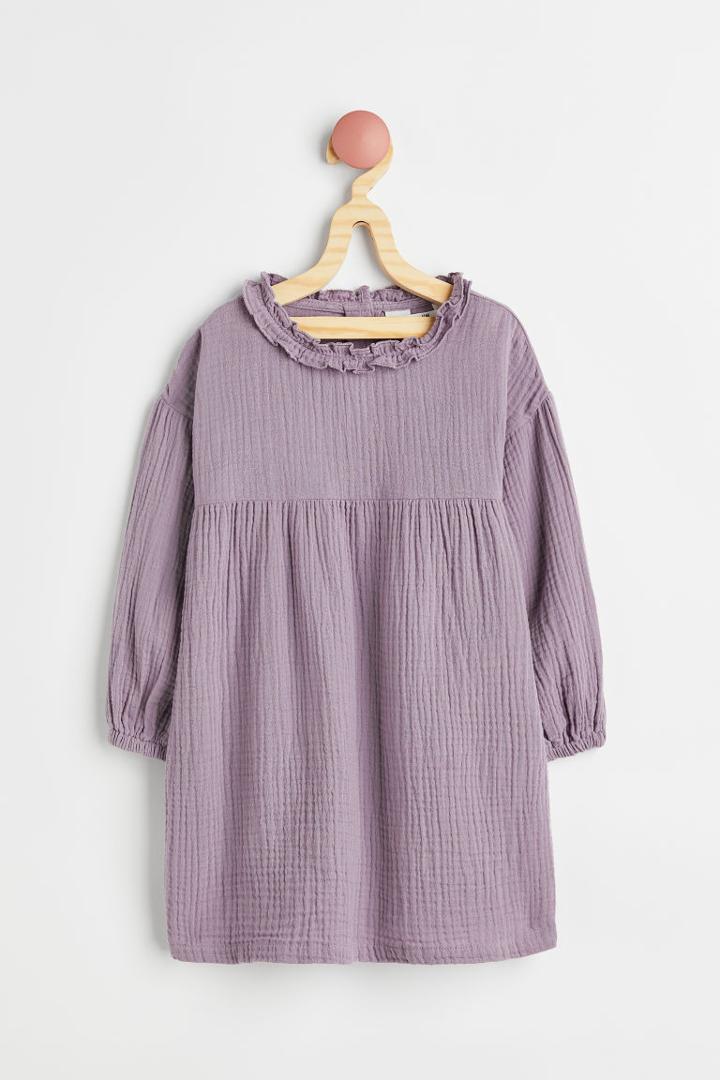 H & M - Balloon-sleeved Cotton Dress - Purple