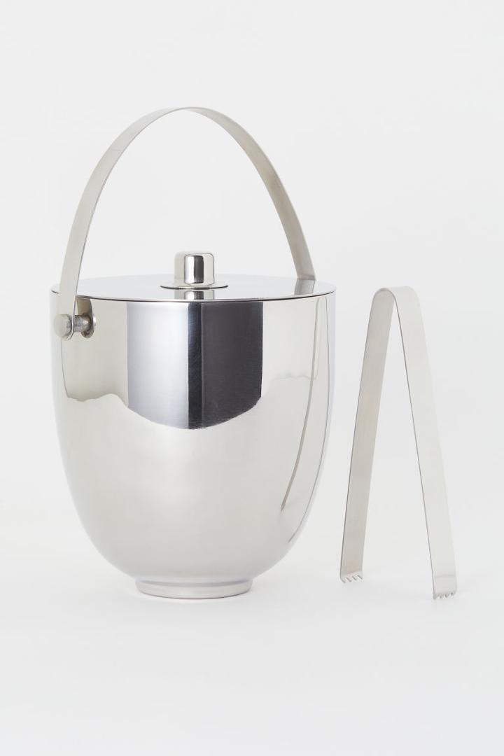H & M - Ice Bucket With Lid And Tongs - Silver