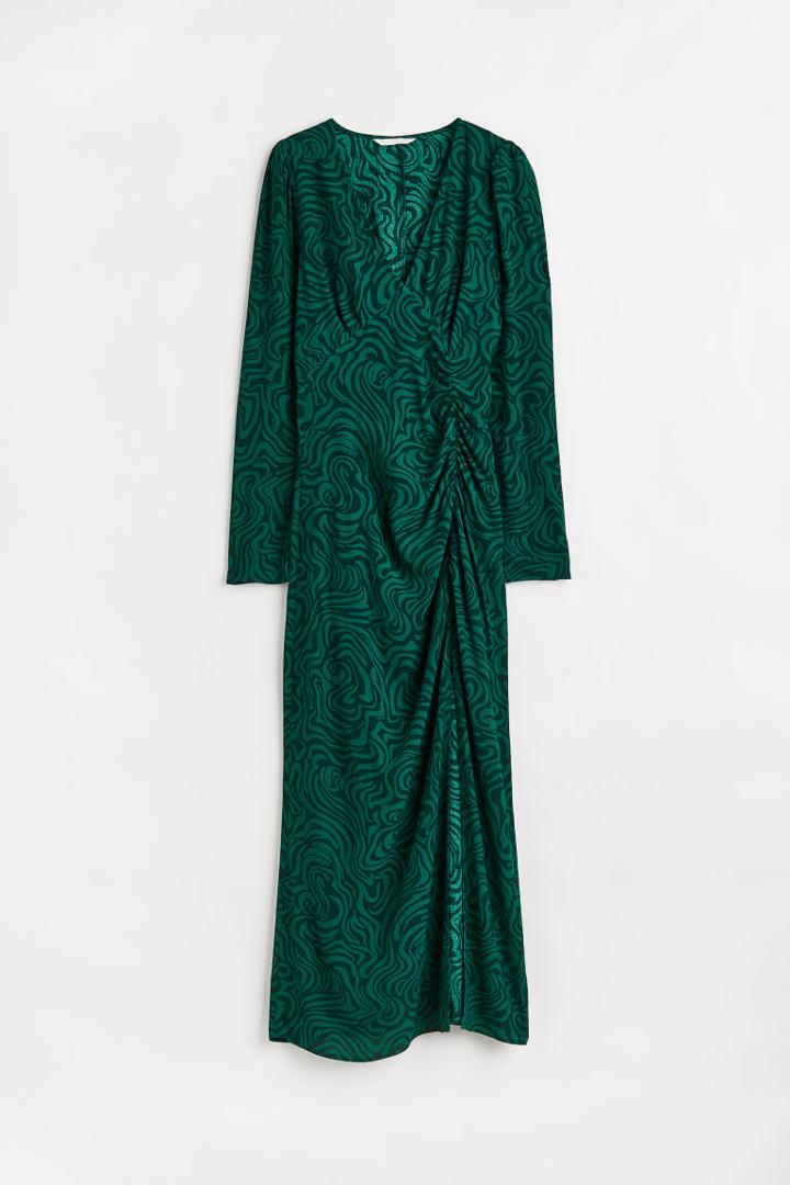 H & M - Puff-sleeved Crped Dress - Green