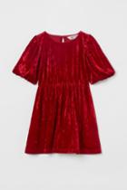 H & M - Puff-sleeved Velour Dress - Red