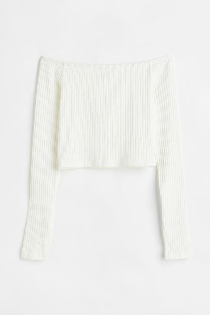 H & M - Fitted Off-the-shoulder Top - White