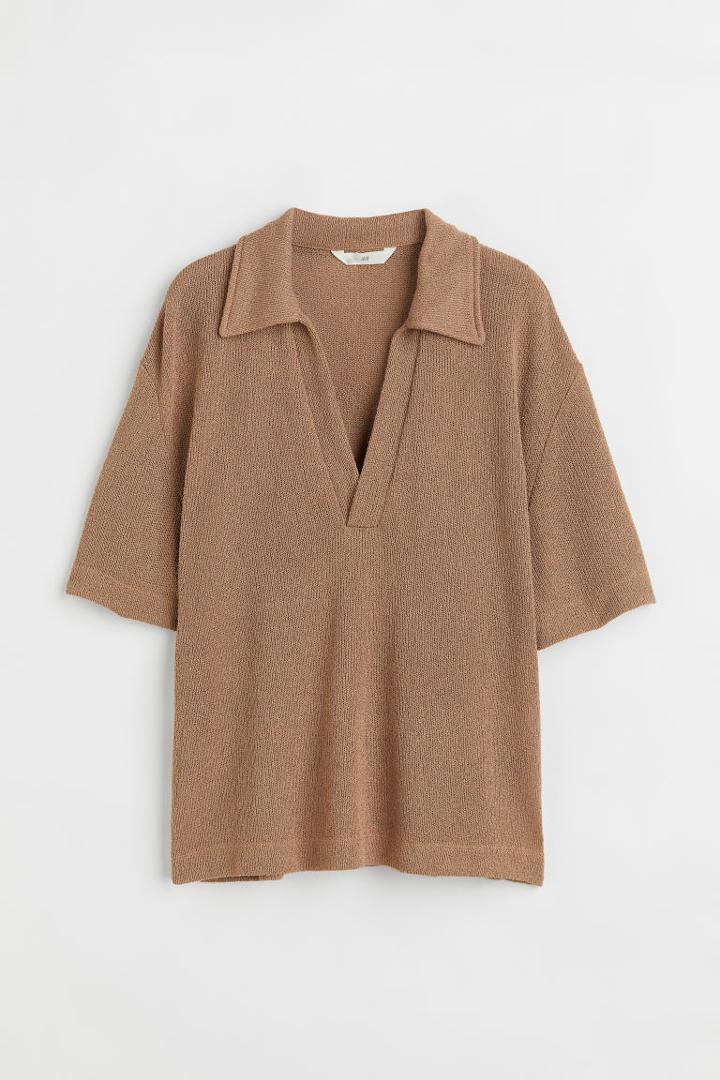 H & M - Knit Top With Collar - Beige