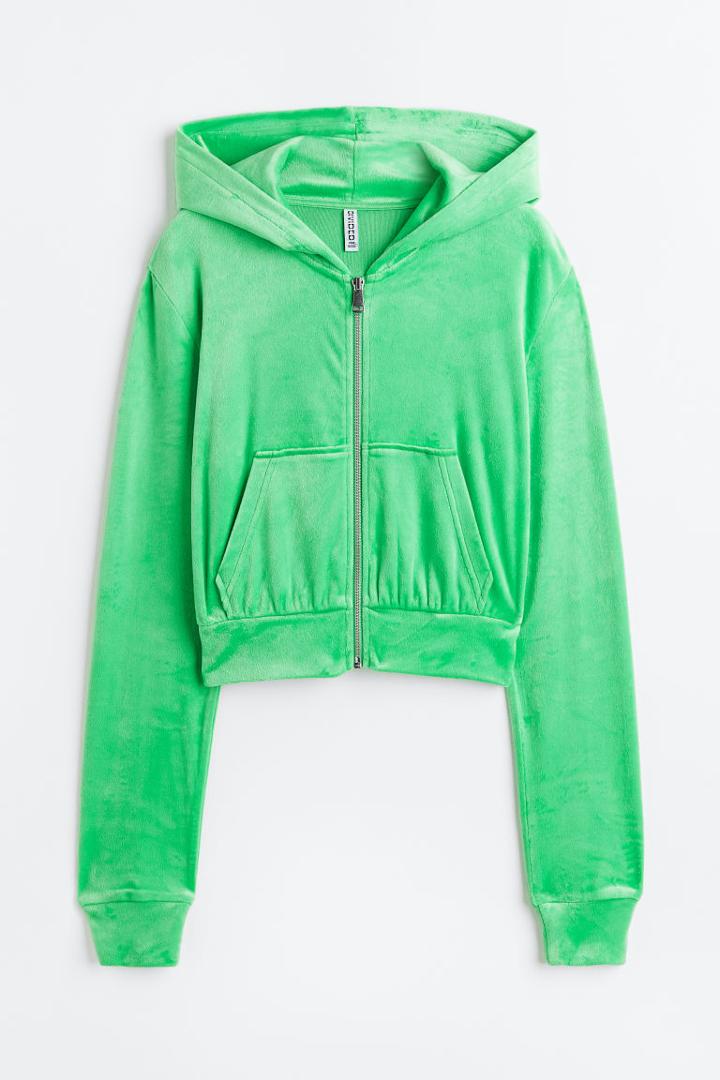 H & M - Hooded Velour Crop Jacket - Green