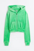 H & M - Hooded Velour Crop Jacket - Green