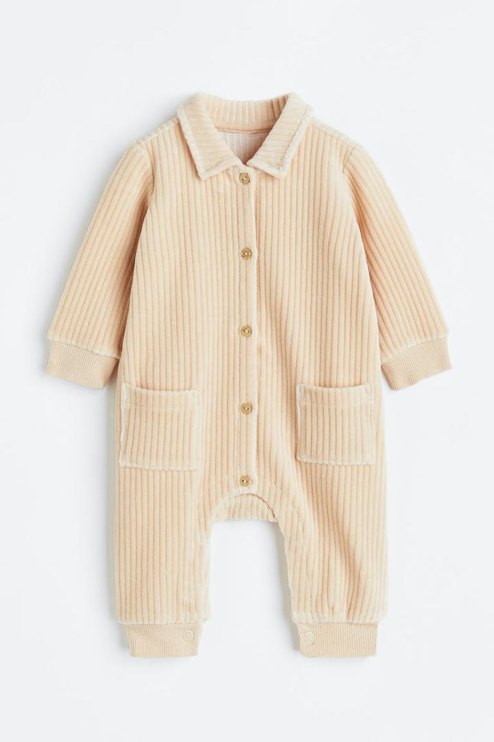 H & M - Ribbed Velour Jumpsuit - Beige