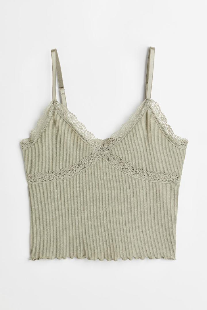 H & M - Lace-trimmed Ribbed Top - Green