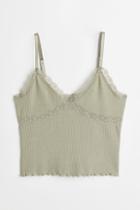 H & M - Lace-trimmed Ribbed Top - Green