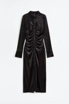 H & M - Gathered Velour Shirt Dress - Black