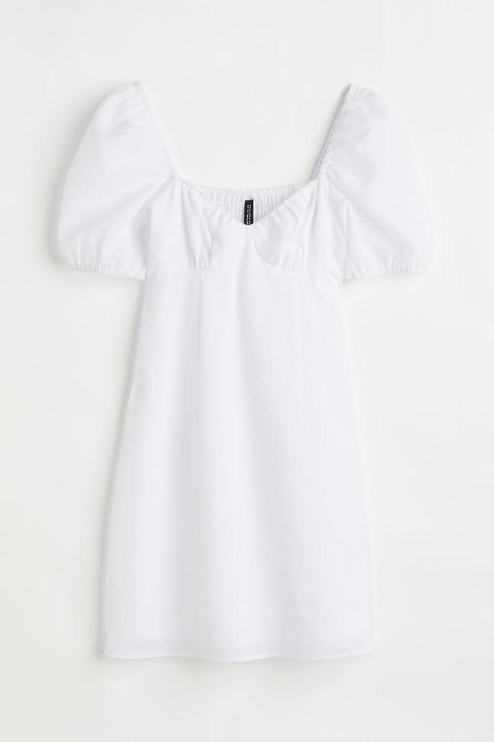 H & M - Puff-sleeved Crped Dress - White