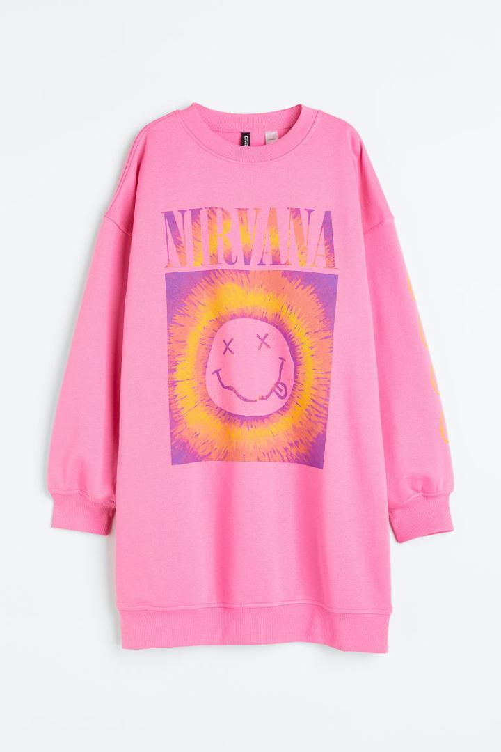 H & M - Oversized Printed Sweatshirt Dress - Pink