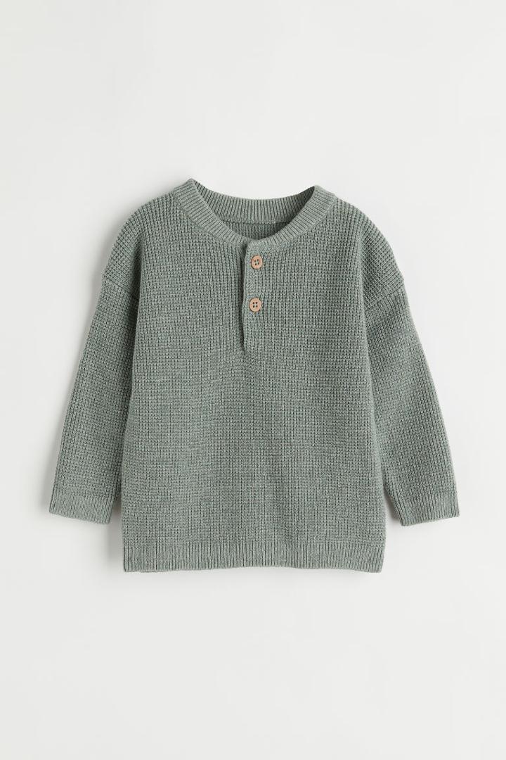 H & M - Waffle-knit Henley Shirt - Green