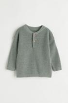 H & M - Waffle-knit Henley Shirt - Green