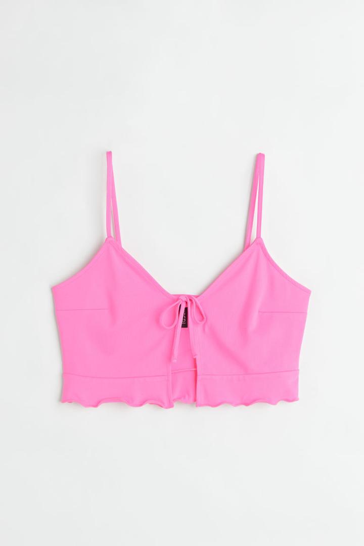 H & M - Tie-front Peplum Crop Top - Pink