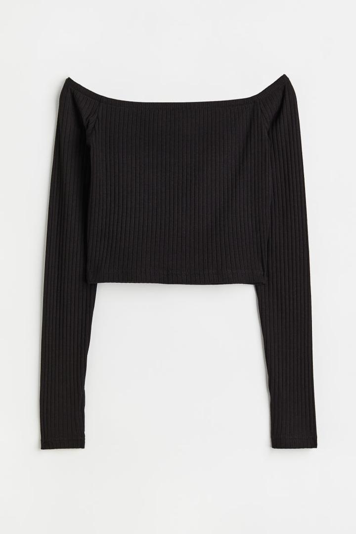 H & M - Fitted Off-the-shoulder Top - Black
