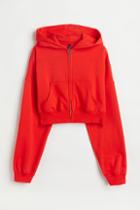 H & M - Hooded Crop Sweatshirt Jacket - Red