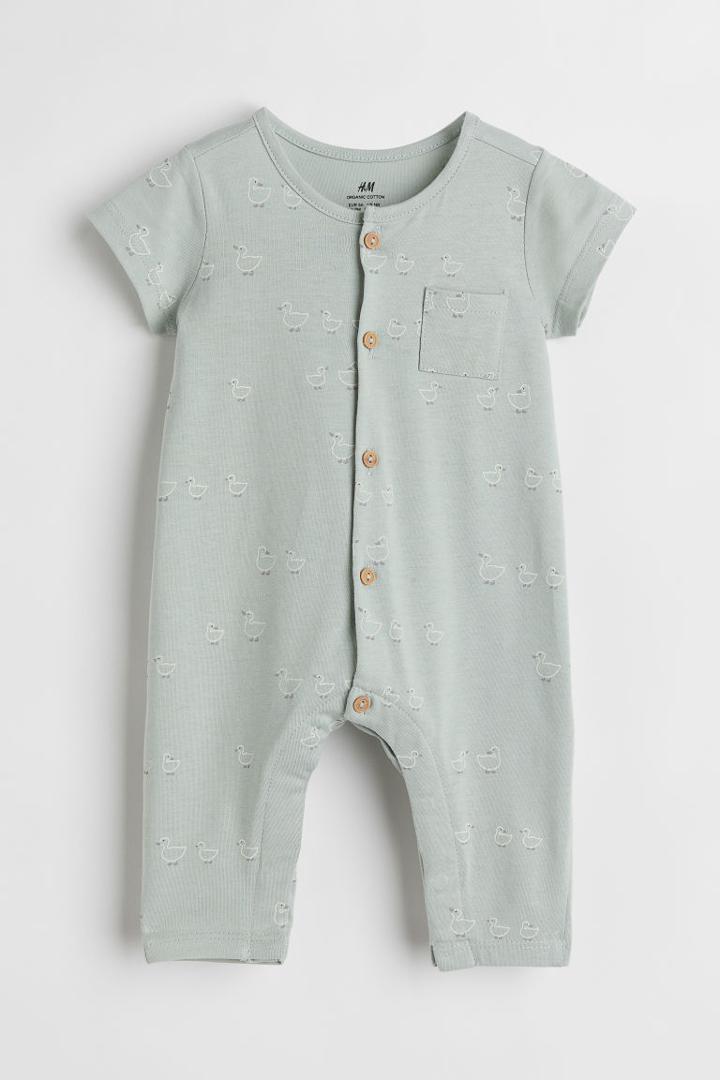 H & M - Short-sleeved Cotton Romper Suit - Green