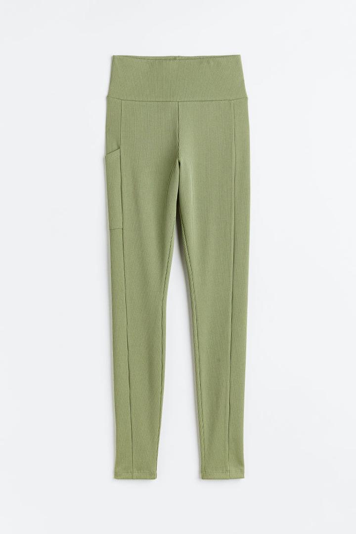 H & M - Pocket-detail Ribbed Leggings - Green